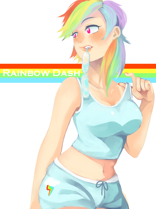 blush breasts character_name cutie_mark hot kami_(sasaki612) medium_breasts midriff mouth_hold multicolored multicolored_hair my_little_pony my_little_pony_friendship_is_magic navel no_bra personification pink_eyes rainbow_dash rainbow_hair shorts solo tan tank_top tanline tupet