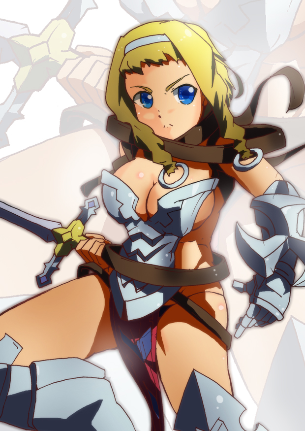 1girl armor blonde_hair braid breasts large_breasts leina masamu_(leonore69) pigtails queen's_blade queen's_blade serious solo sword twin_braids weapon