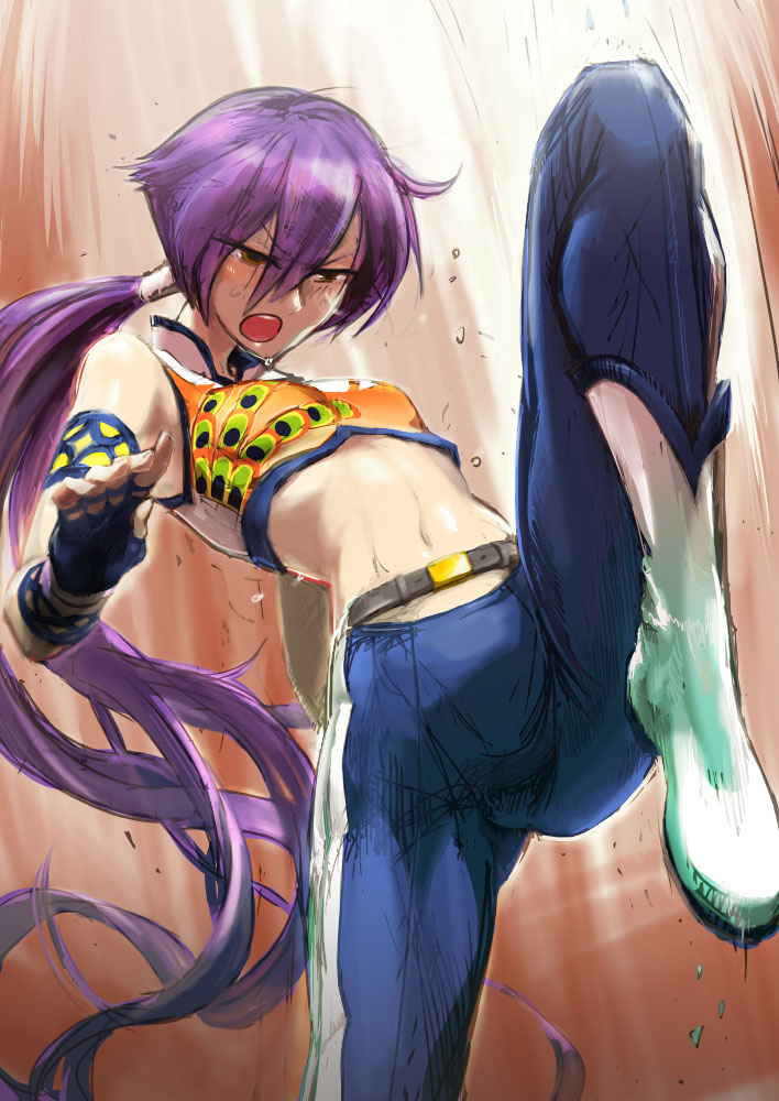 bearclaw belt boots breasts brown_eyes date_haruka fingerless_gloves gloves kicking leg_up long_hair midriff open_mouth pants ponytail purple_hair small_breasts solo sweat wrestle_angels wrestle_angels_survivor wrestling_outfit