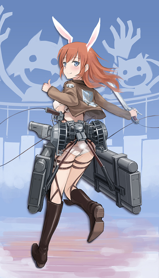 animal_ears blue_eyes boots breasts brown_hair bunny_ears bunny_tail charlotte_e_yeager emblem francesca_lucchini gun jacket knee_boots lif looking_back medium_breasts miyafuji_yoshika panties paradis_military_uniform shingeki_no_kyojin silhouette_demon smile solo strike_witches sword tail three-dimensional_maneuver_gear thumbs_up underboob underwear weapon white_panties world_witches_series