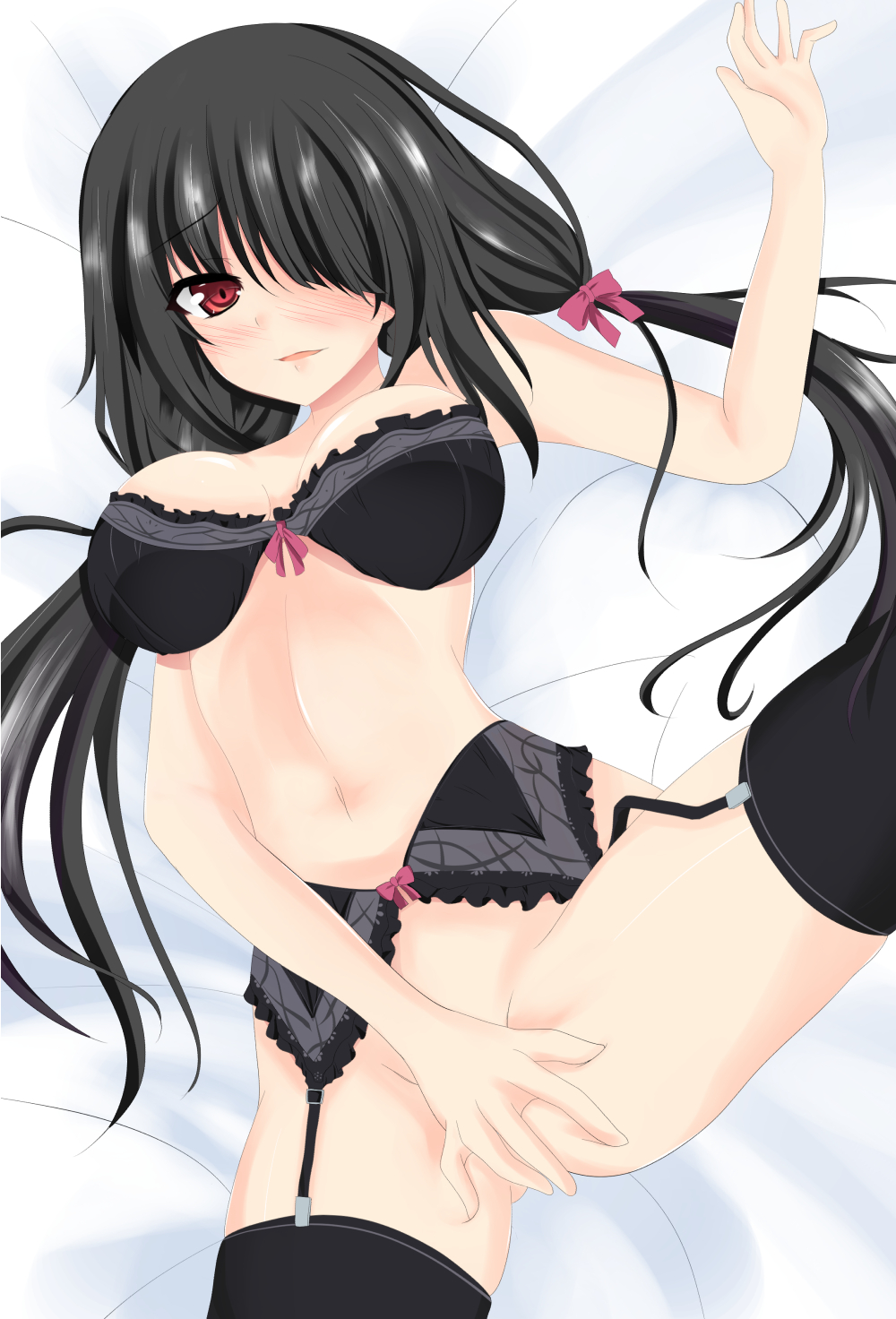 bare_shoulders bed_sheet black_hair black_legwear blush bow breasts cleavage covering covering_crotch date_a_live from_above garter_belt hair_over_one_eye highres large_breasts lingerie long_hair looking_at_viewer low_twintails lying navel no_panties on_back red_eyes ribbon senra_banshou smile solo spread_legs thighhighs tokisaki_kurumi twintails underwear