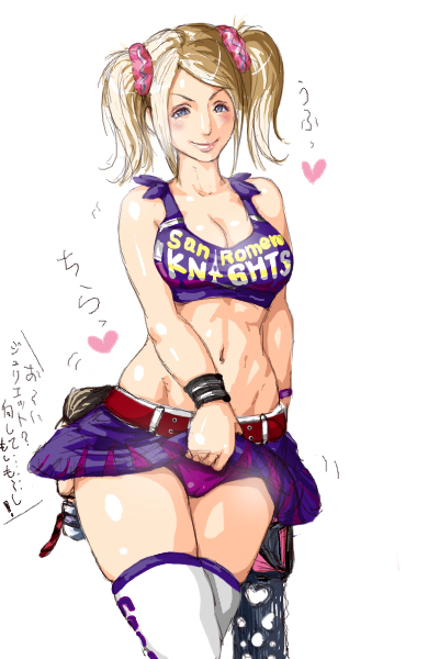 belt blonde_hair blue_eyes blush breasts chainsaw cheerleader cleavage clothes_writing crop_top juliet_starling large_breasts lollipop_chainsaw midriff miniskirt navel nick_carlyle nix_(ak-style) panties pink_panties scrunchie severed_head short_twintails skirt skirt_lift smile solo twintails underwear watch weapon wristband wristwatch