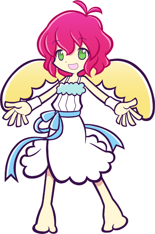 barefoot dress full_body green_eyes harpy_(puyopuyo) kawamochi_(mocchii) madou_monogatari official_style outstretched_arms pink_hair puyopuyo puyopuyo_fever short_hair smile solo spread_arms transparent_background white_dress wings
