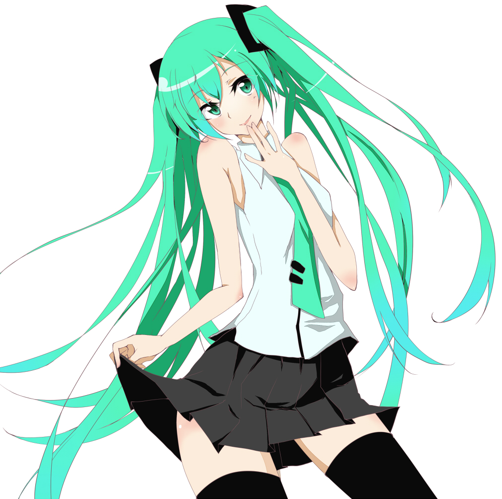 green_eyes green_hair hatsune_miku long_hair necktie simple_background skirt skirt_hold smile solo suu2510 thighhighs twintails very_long_hair vocaloid white_background