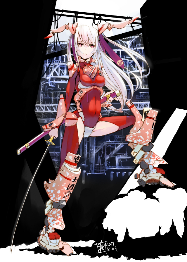 armor bodysuit chitose_shuusui covered_navel expressionless japanese_armor katana kote leg_up long_hair mecha_musume original red_eyes skin_tight solo standing suneate sword thighhighs weapon white_hair