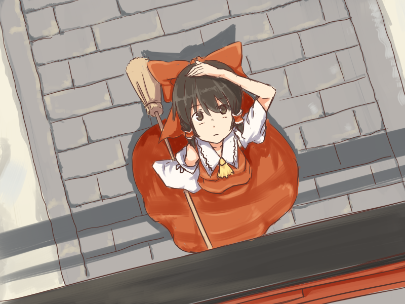 bow broom detached_sleeves from_above hair_bow hair_tubes hakurei_reimu kawashina_(momen_silicon) looking_at_viewer looking_up solo touhou