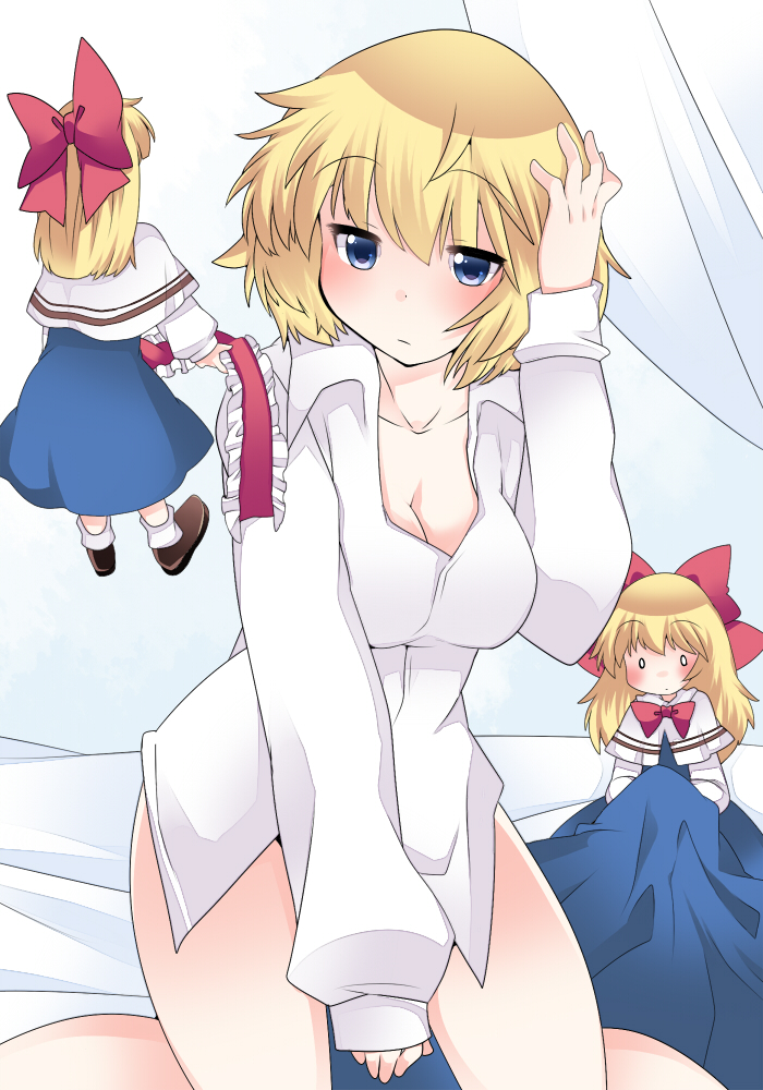 1girl alice_margatroid blonde_hair blue_eyes bottomless bow breasts capelet cleavage doll dress_shirt dressing hair_bow hairband hairband_removed hammer_(sunset_beach) large_breasts long_hair no_pants shanghai_doll shirt shoes short_hair skirt skirt_set solo_focus touhou
