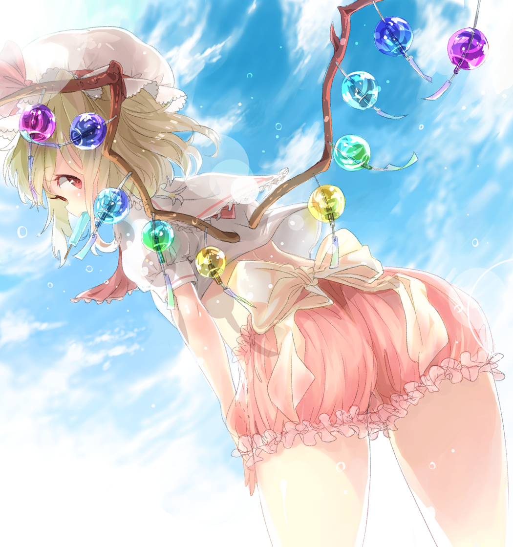 blonde_hair bloomers blue_sky blush bow cloud cloudy_sky day flandre_scarlet food hat large_bow looking_back md5_mismatch popsicle red_eyes shima_(si04ma82) short_hair side_ponytail sky solo touhou underwear wind_chime wings