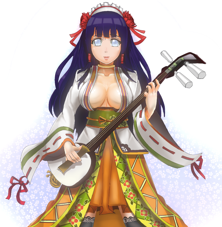 1girl breasts hyuuga_hinata instrument large_breasts naruto purple_hair sakuama shamisen solo