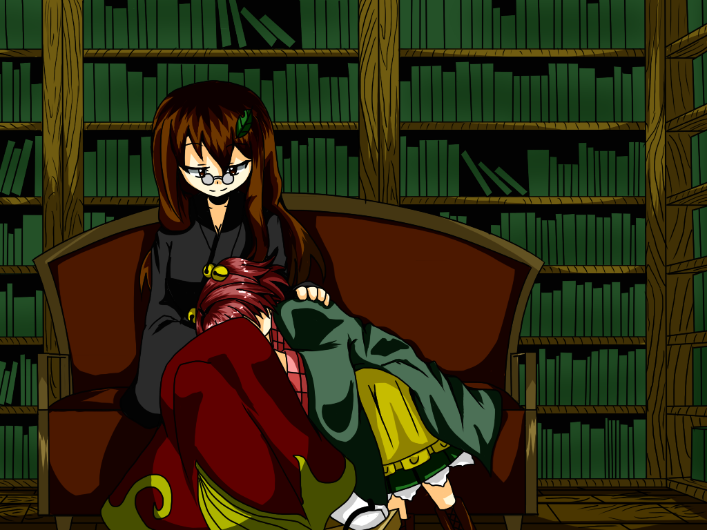 bell book bookshelf chair futatsuiwa_mamizou futatsuiwa_mamizou_(human) glasses lap_pillow leaf leaf_on_head long_hair long_skirt long_sleeves motoori_kosuzu multiple_girls sandals skirt sleeping smile to-siro touhou