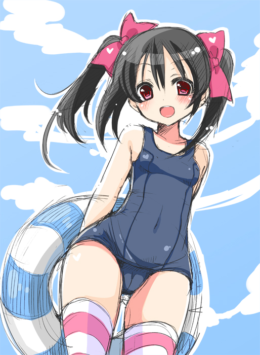 black_hair cameltoe innertube long_hair love_live! love_live!_school_idol_project one-piece_swimsuit open_mouth red_eyes school_swimsuit sketch smile solo striped striped_legwear swimsuit thighhighs toki_ai twintails wide_hips yazawa_nico