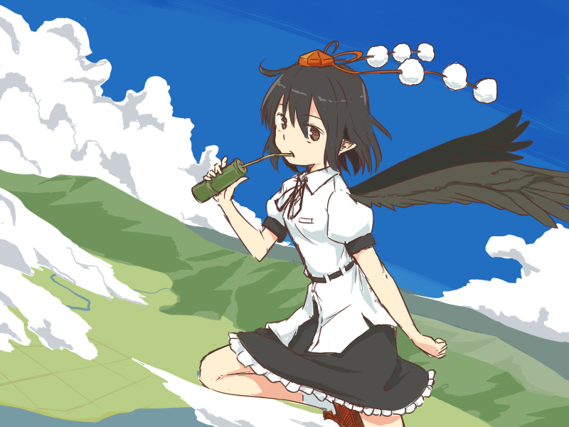 black_hair black_wings brown_eyes cloud day expressionless feathered_wings flying hat kawashina_(momen_silicon) looking_at_viewer neck_ribbon pointy_ears pom_pom_(clothes) puffy_short_sleeves puffy_sleeves ribbon shameimaru_aya short_hair short_sleeves skirt sky solo tokin_hat touhou wings