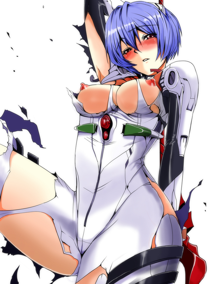 arm_up ayanami_rei bad_id bad_pixiv_id blue_hair blush bodysuit breasts hair_ornament inu_(marukome) looking_at_viewer lying medium_breasts neon_genesis_evangelion nipples open_mouth plugsuit red_eyes short_hair solo torn_clothes white_bodysuit