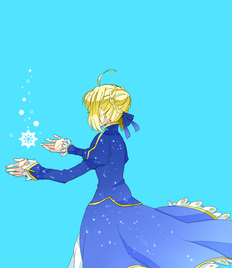 75 ahoge artoria_pendragon_(all) blonde_hair dress fate/stay_night fate_(series) from_behind hair_ribbon juliet_sleeves long_sleeves outstretched_hand puffy_sleeves ribbon saber snowflakes snowing solo