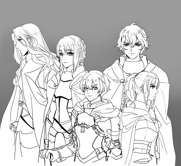 armor arthur_pendragon_(fate) bedivere berserker_(fate/zero) braid cape fate/apocrypha fate/extra fate/prototype fate/stay_night fate/zero fate_(series) gawain_(fate/extra) genderswap genderswap_(ftm) greyscale knights_of_the_round_table_(fate) lancelot_(fate/zero) long_hair migillu monochrome mordred_(fate) mordred_(fate)_(all) multiple_boys ponytail