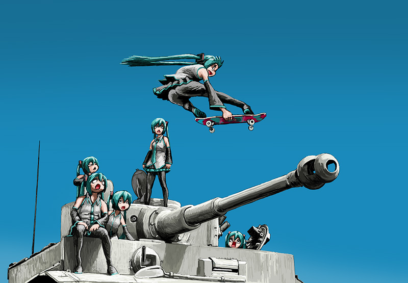 blue_sky day detached_sleeves ground_vehicle hatsune_miku long_hair military military_vehicle motor_vehicle multiple_girls multiple_persona necktie on_vehicle pleated_skirt rxjx skateboard skirt sky tank tiger_i twintails vocaloid