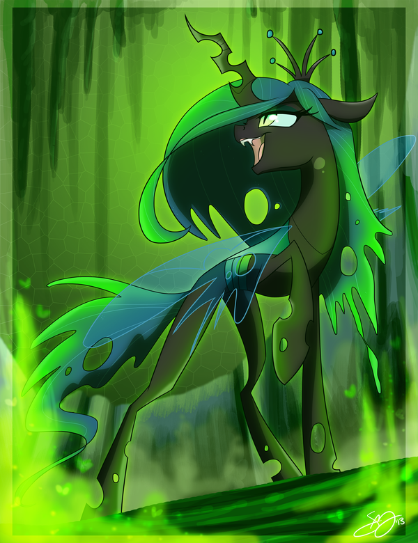 cat_eyes changeling famosity fangs female feral friendship_is_magic green_eyes green_hair green_theme hair happy holes horn long_hair my_little_pony queen_chrysalis_(mlp) slit_pupils smile solo wings