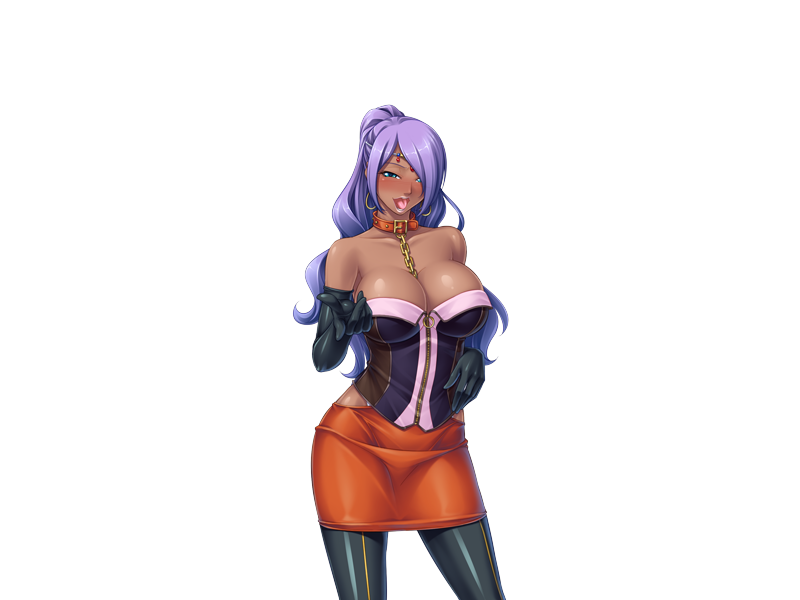 1girl :d aishwarya_ray aqua_eyes bare_shoulders between_breasts black_gloves blue_eyes blush breasts chains circlet cleavage collar dark_skin earrings elbow_gloves female gloves hair_over_one_eye jewelry kagami kagami_hirotaka koutetsu_no_majo_anneroze large_breasts lilith-soft long_hair naughty_face open_mouth pantyhose ponytail purple_hair simple_background skirt smile solo strapless tongue transparent_background white_background