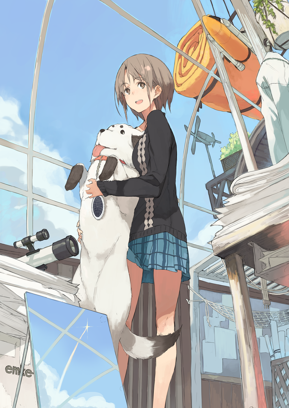 brown_eyes brown_hair cloud day dog from_below hammock highres holding mk_(masatusaboten) model open_mouth original photo_(object) plaid plaid_skirt pleated_skirt short_hair skirt sky smile solo space_craft space_shuttle table telescope weather_vane window