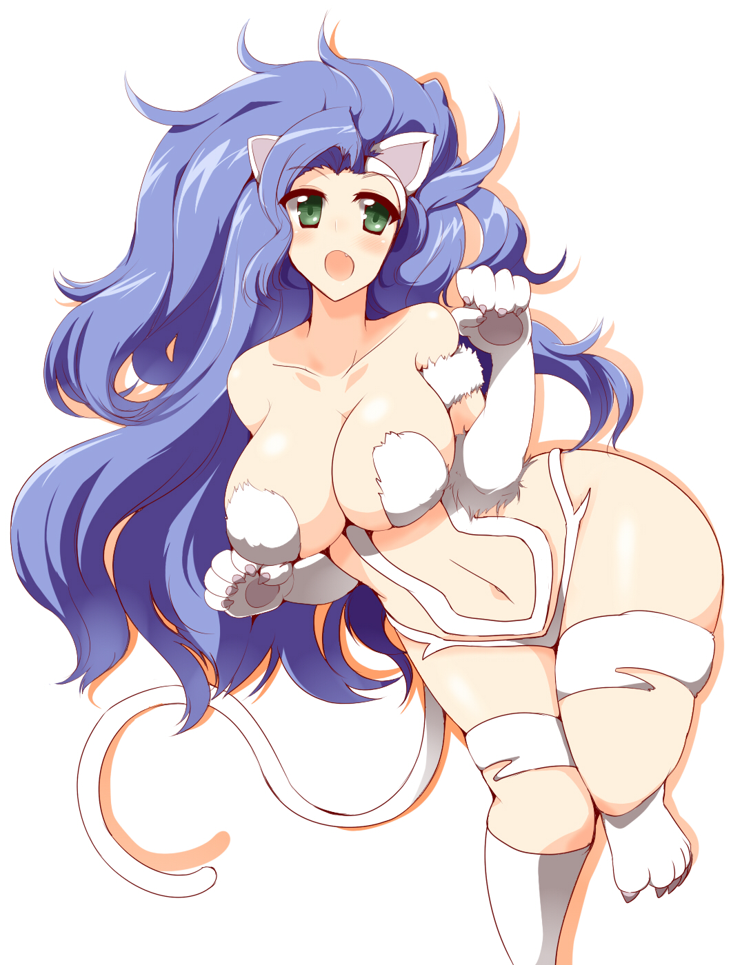 animal_ears bad_id bad_pixiv_id big_hair blue_hair breasts cat_ears cat_paws cat_tail curvy fang felicia green_eyes highres large_breasts long_hair navel open_mouth paw_pose paws shadow simple_background solo tail thick_thighs thighs vampire_(game) very_long_hair wedge white_background wide_hips