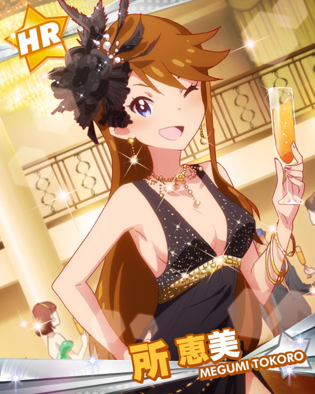 ;d artist_request blue_eyes bracelet breasts brown_hair cleavage cup dress drinking_glass earrings formal idolmaster idolmaster_million_live! jewelry long_hair medium_breasts necklace official_art one_eye_closed open_mouth smile sparkle tokoro_megumi wine_glass