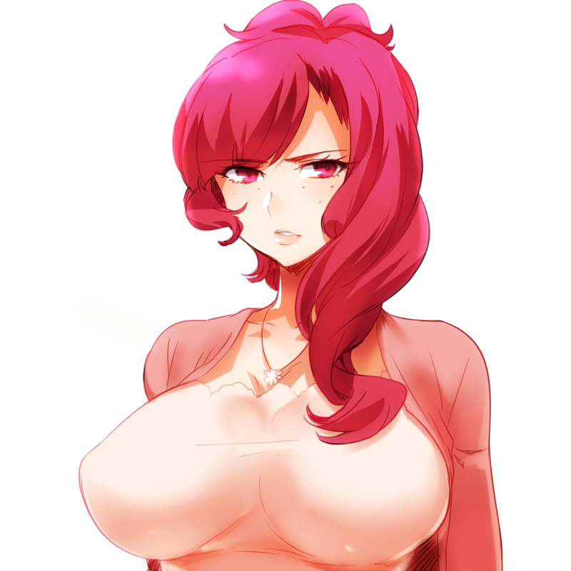 breasts freckles hina_(naso4) jewelry large_breasts lips long_hair looking_at_viewer naso4 necklace older original pink_eyes pink_hair simple_background solo white_background