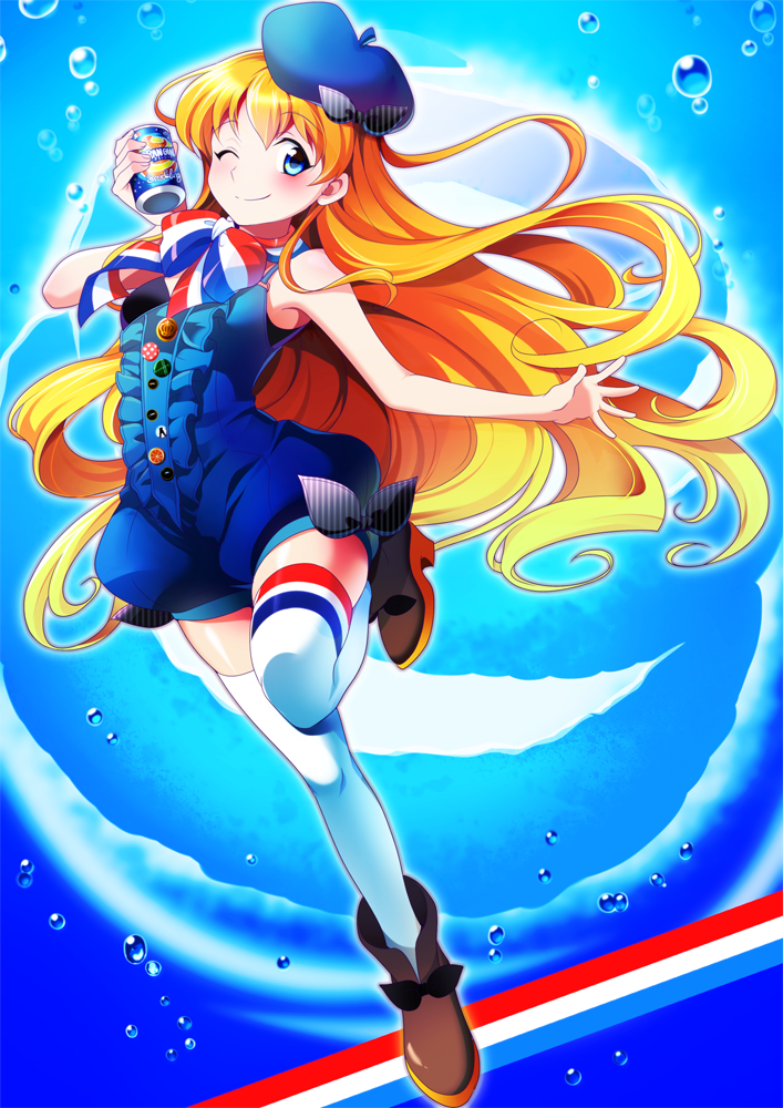 ;) bare_shoulders beret blue_background blue_eyes blush bubble can france hakka_(88hk88) hat long_hair one_eye_closed orange_hair orangina overalls personification ribbon shoes smile solo thighhighs very_long_hair white_legwear