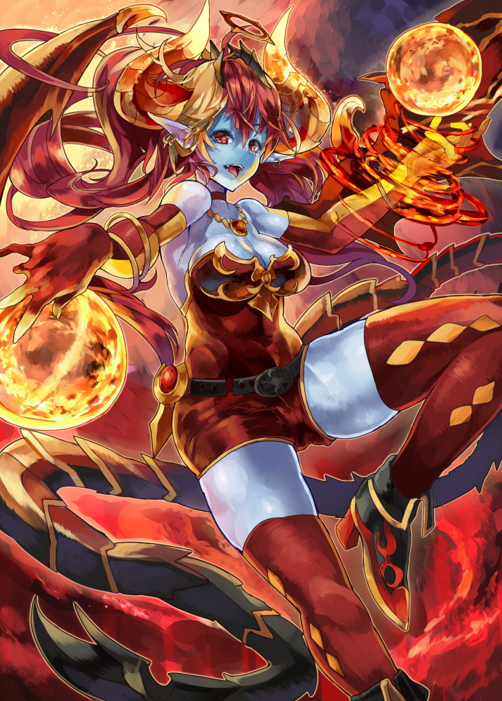 blue_skin breasts cleavage demon_wings elbow_gloves gloves hera-ur_(p&amp;d) hera_(p&amp;d) himuro_(dobu_no_hotori) horns jewelry large_breasts long_hair puzzle_&amp;_dragons red_hair tail thighhighs wings