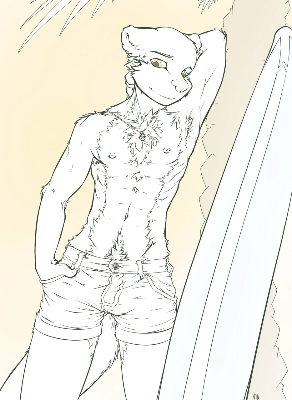 armpit_hair armpits beige_background biceps bulge chest_tuft clothing fur line_art looking_at_viewer male mammal mustelid necklace nipples otter shorts smile solo surfboard topless tuft