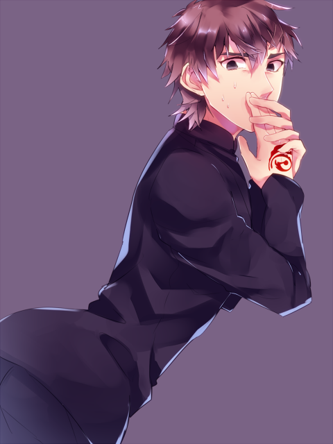 bad_id bad_pixiv_id brown_eyes brown_hair command_spell covering_mouth fate/zero fate_(series) kotomine_kirei male_focus purinnkawayusu solo sweat