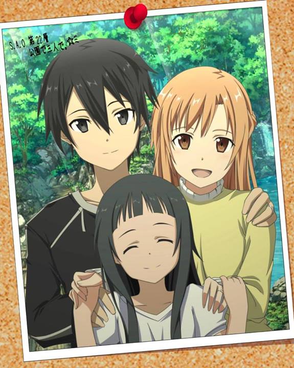 2girls :d ^_^ age_difference asuna_(sao) bangs black_eyes black_hair blunt_bangs braid brown_eyes casual closed_eyes corkboard french_braid hair_between_eyes hands_on_another's_shoulders happy holding_hands jewelry kirito light_brown_hair light_rays light_smile long_hair long_sleeves looking_at_viewer multiple_girls nature open_mouth outdoors photo_(object) ring rock short_hair short_sleeves sirius_(562485) smile sunbeam sunlight sweater sword_art_online thumbtack tree turtleneck upper_body water waterfall wedding_band yui_(sao)