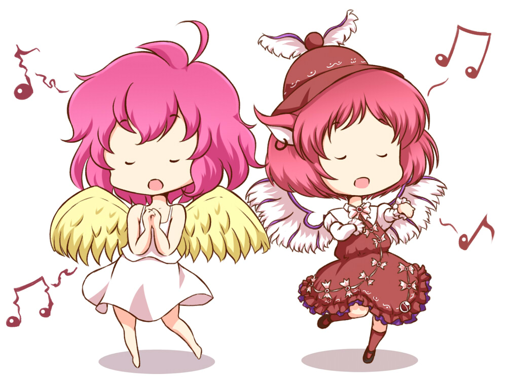 ahoge bad_singing camisole chibi closed_eyes crossover dress hand_on_own_chest hands_together harpy_(puyopuyo) hat jewelry kneehighs look-alike madou_monogatari mazume multiple_girls music musical_note mystia_lorelei open_mouth outstretched_arm pink_hair puyopuyo shadow short_hair simple_background singing skirt touhou trait_connection white_background wings