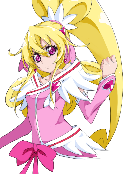 aida_mana blonde_hair bow clenched_hand cure_heart dokidoki!_precure earrings half_updo heart jewelry long_hair nanashishi pink_bow pink_eyes pink_skirt pink_sleeves ponytail precure ribbon serious simple_background skirt solo white_background