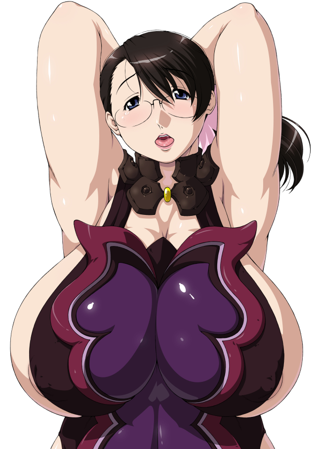 1girl apron areola_slip areolae armor armpits arms_up black_hair blue_eyes blush breasts cattleya covered_nipples curvy erect_nipples flower glasses hair_ornament highres housewife huge_breasts milf naughty_face open_mouth plump ponytail queen's_blade queen's_blade saliva simple_background solo tongue upper_body