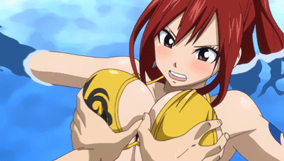 1boy 1girl angry animated animated_gif blue_hair blush breast_grab breasts cleavage erza_scarlet fairy_tail grabbing jellal_fernandes large_breasts lowres mask ponytail pool red_hair swimsuit tattoo underboob water
