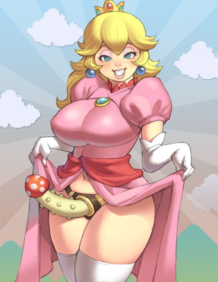 bad_id bad_pixiv_id blonde_hair blue_eyes blush breasts crown curvy dildo dress dress_lift earrings elbow_gloves eyelashes eyeshadow gloves grin jewelry large_breasts lips long_hair looking_at_viewer makeup maou_alba mario_(series) mushroom navel pink_dress plump princess_peach puffy_sleeves rape_face sash smile solo strap-on studded super_mario_bros. thighhighs thighs white_gloves