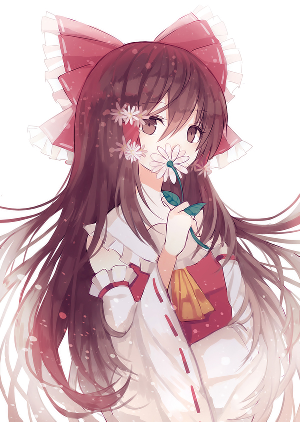 ascot backlighting bow brown_eyes brown_hair covering_mouth cuivre detached_sleeves dress flower hair_bow hair_flower hair_ornament hair_tubes hakurei_reimu long_hair long_sleeves looking_at_viewer red_dress solo touhou very_long_hair wide_sleeves