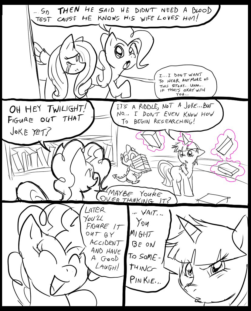 black_and_white book comic crying dialog dragon english_text equine eyes female feral fluttershy_(mlp) friendship_is_magic group hair horn horse inside library magic male mammal metal_(artist) monochrome my_little_pony pegasus pinkie_pie_(mlp) pony smile spike_(mlp) tears text twilight_sparkle_(mlp) unicorn wings