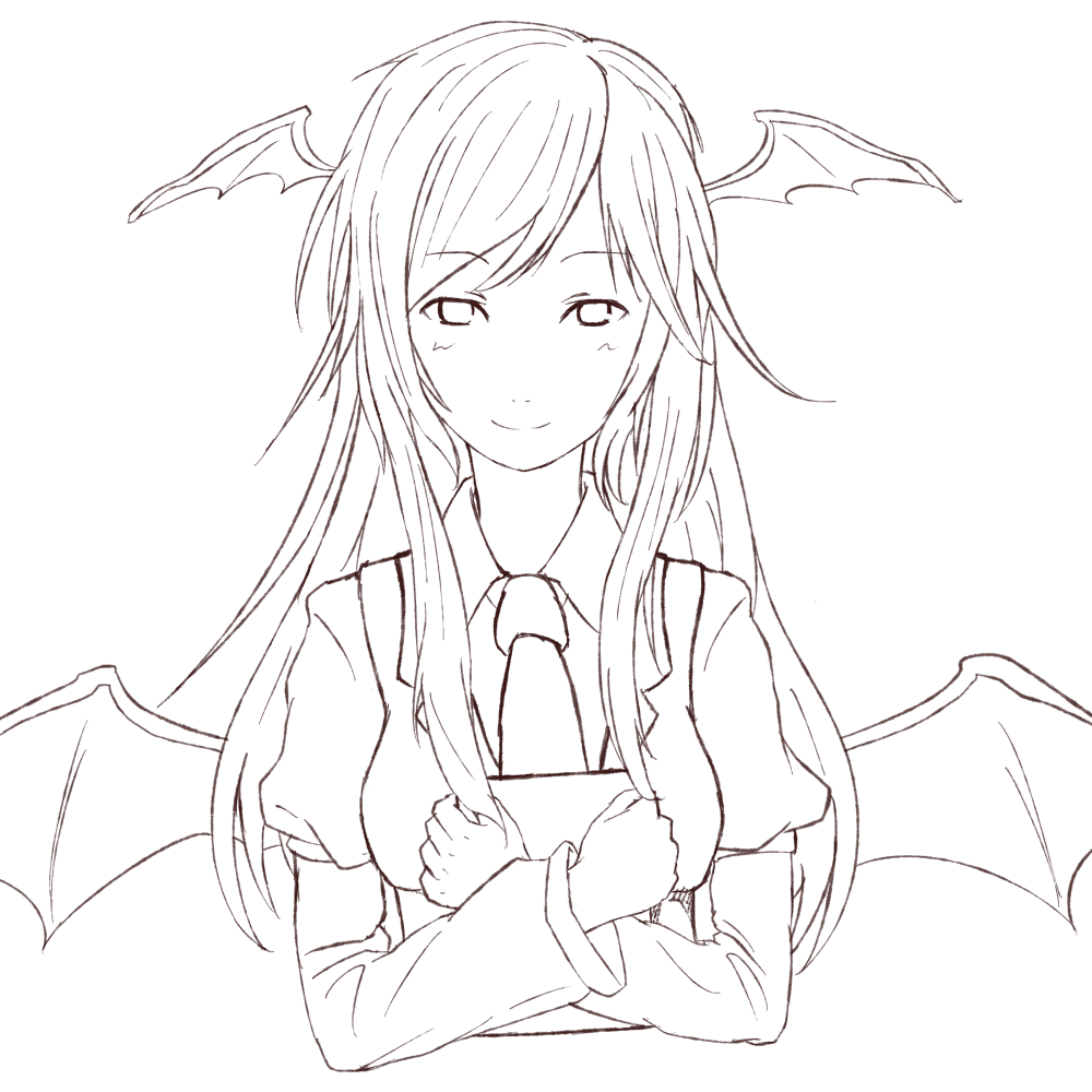 bat_wings book book_hug dress_shirt face head_wings holding holding_book kawashina_(momen_silicon) koakuma lineart long_hair long_sleeves looking_at_viewer low_wings monochrome necktie shirt smile solo touhou transparent_background vest wings