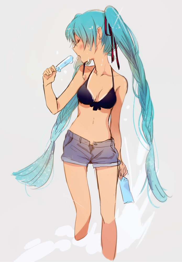 aqua_hair bad_id bad_pixiv_id bikini closed_eyes fly_(marguerite) food hatsune_miku long_hair popsicle short_shorts shorts sketch solo swimsuit tan tanline twintails vocaloid