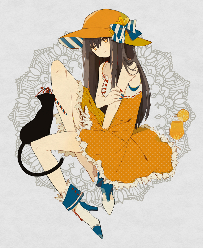 atori12 black_cat brown_hair cat dress hat long_hair orange_eyes orangina personification ribbon sun_hat