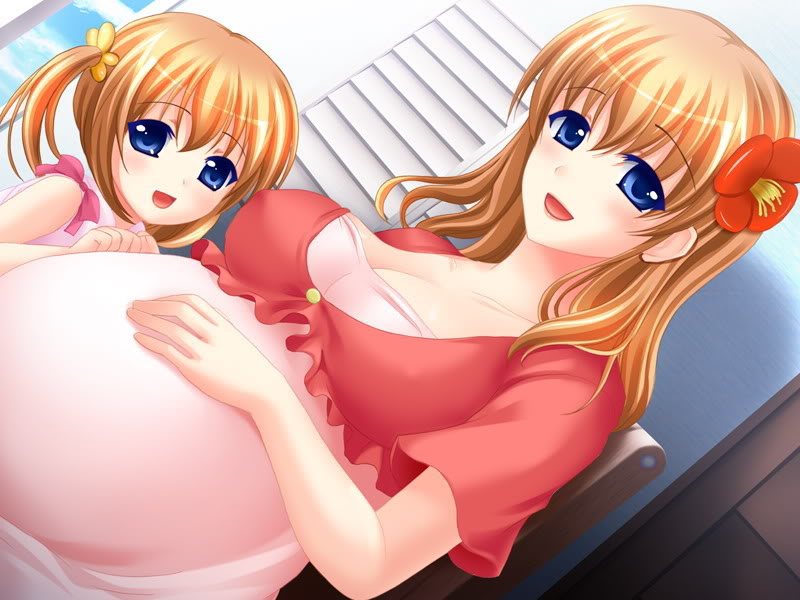 age_difference blue_eyes breasts covered_nipples erect_nipples flower large_breasts mother_and_daughter pregnant smile