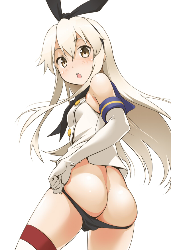 ass black_panties blonde_hair blush brown_eyes butt_crack chestnut_mouth elbow_gloves gloves hairband kantai_collection long_hair looking_at_viewer looking_back open_mouth panties petite shimakaze_(kantai_collection) simple_background solo striped striped_legwear thighhighs underwear white_background youkan