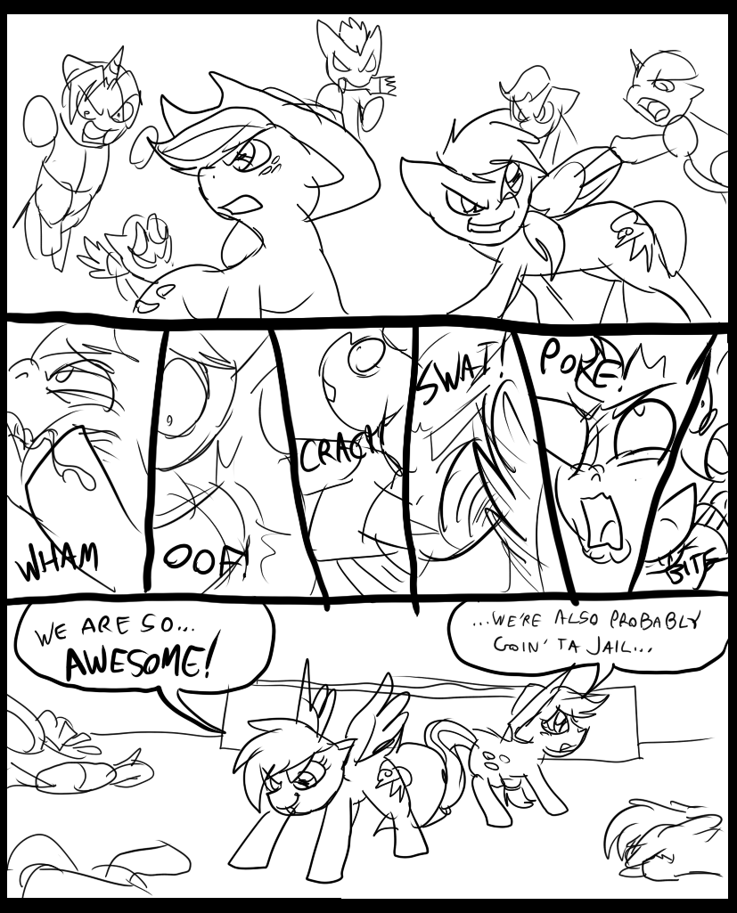 angry applejack_(mlp) black_and_white comic cowboy_hat cutie_mark dialog english_text equine eyes female feral fight friendship_is_magic grin group hair hat horse inside male mammal metal_(artist) monochrome my_little_pony pegasus pony punch rainbow_dash_(mlp) text wings