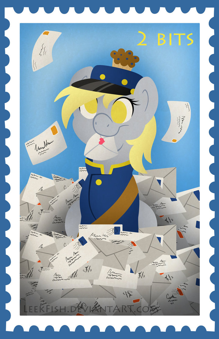 &lt;3 amber_eyes blonde_hair clothing cute derpy_hooves_(mlp) english_text equine female feral friendship_is_magic funday_pawpet_show fur grey_fur hair hat horse leekfish letter looking_at_viewer mail mammal my_little_pony pegasus pony solo stamp strap text uniform wings yellow_eyes