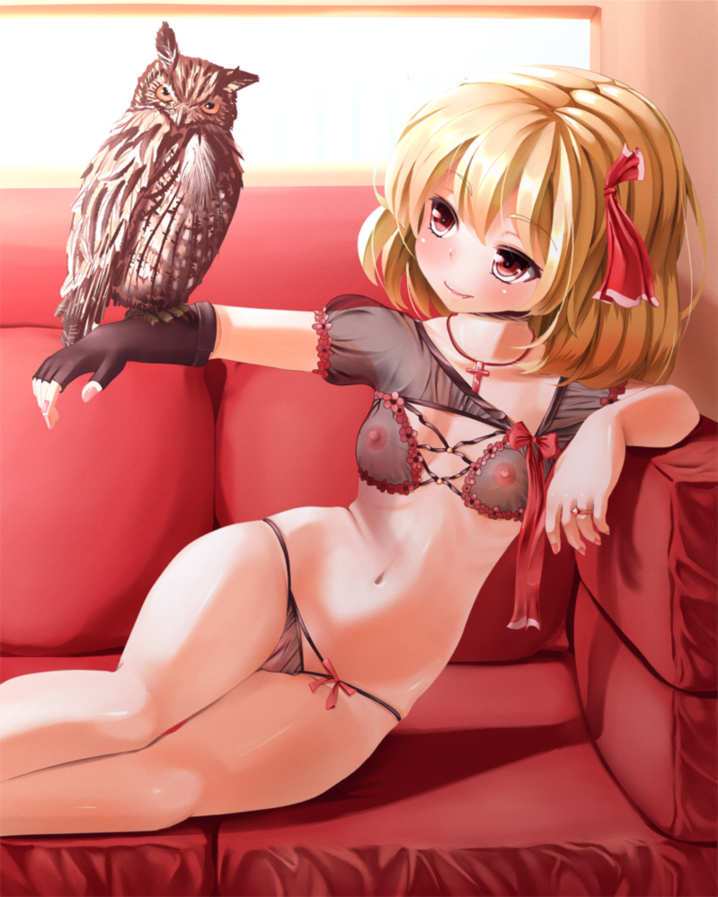 bird blonde_hair choker couch cross cross_necklace fang fingerless_gloves flat_chest gloves hair_ribbon jewelry jixing_renou lingerie navel necklace nipples owl pussy red_eyes ribbon rumia see-through solo string_panties touhou underwear underwear_only