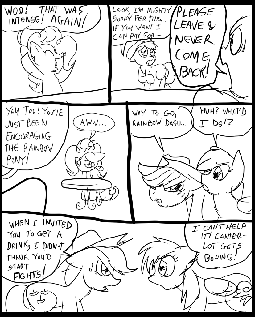 angry applejack_(mlp) black_and_white comic cowboy_hat cutie_mark dialog english_text equine eyes female feral freckles friendship_is_magic group hair hat horse inside mammal metal_(artist) monochrome my_little_pony pegasus pinkie_pie_(mlp) pony rainbow_dash_(mlp) sad table text wings