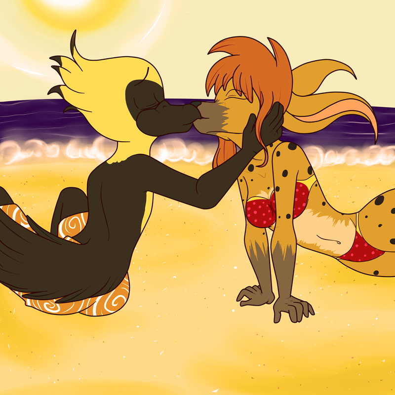 baako beach female gemwist kissing male seaside spotted_hyena straight terry yellow_headed_black_bird
