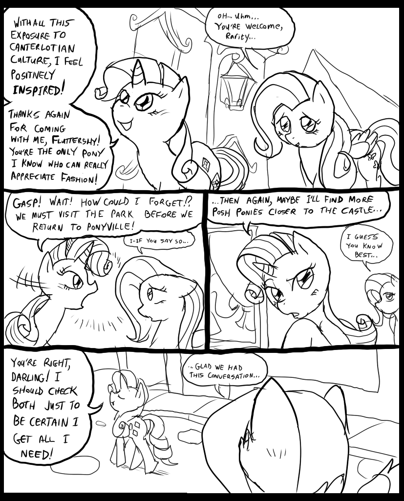 black_and_white comic cutie_mark dialog duo english_text equine eyes female feral fluttershy_(mlp) friendship_is_magic hair horn horse mammal metal_(artist) monochrome my_little_pony outisde outside pegasus pony rarity_(mlp) text unicorn wings