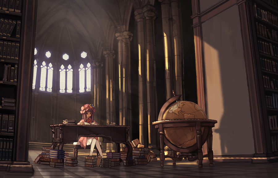 bespectacled book book_stack bookshelf chair crescent floor glasses globe hat library long_hair open_book patchouli_knowledge pillar purple_hair sitting solo table touhou voile white_legwear window xiao_qiang_(overseas)